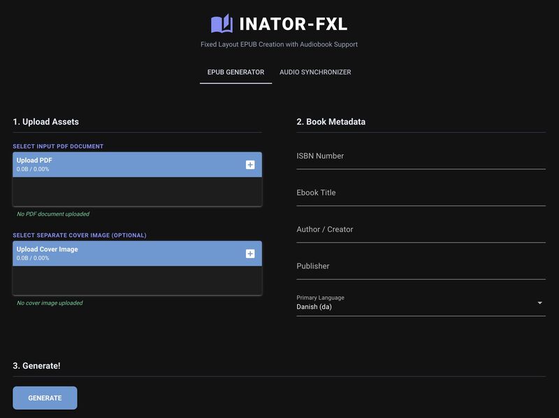 Screenshot af webapp, der er felter til indtastning af metadata og felter hvor man kan uploade filer. 